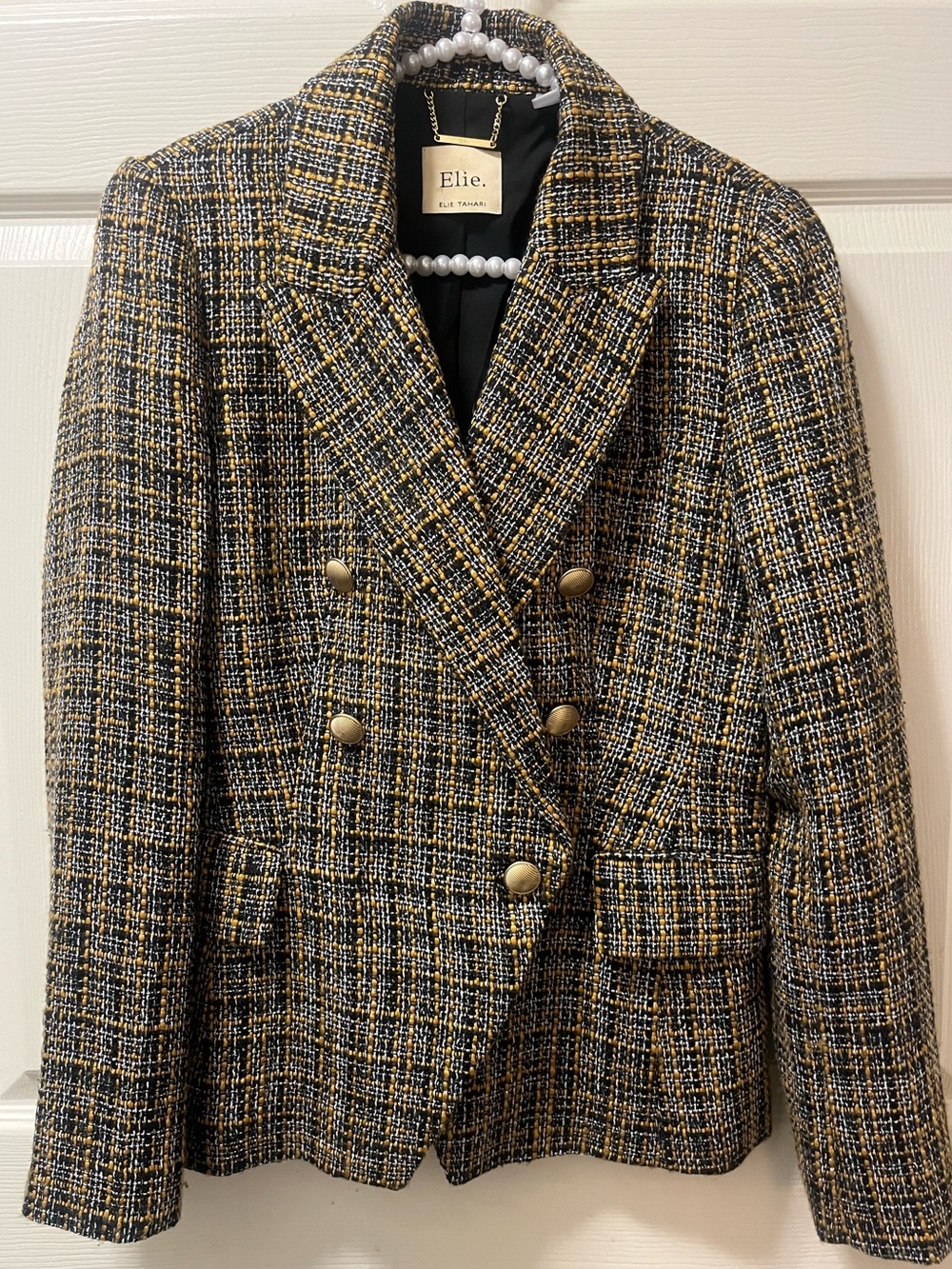 Elie Tahari Black/Gold Metallic Tweed Double Breasted Blazer w/ Gold Buttons SZ4